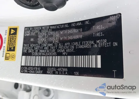 2018 Toyota Highlander Le/Le Plus z USA, uszkodzony, nr VIN 5TDBZRFH4JS495995